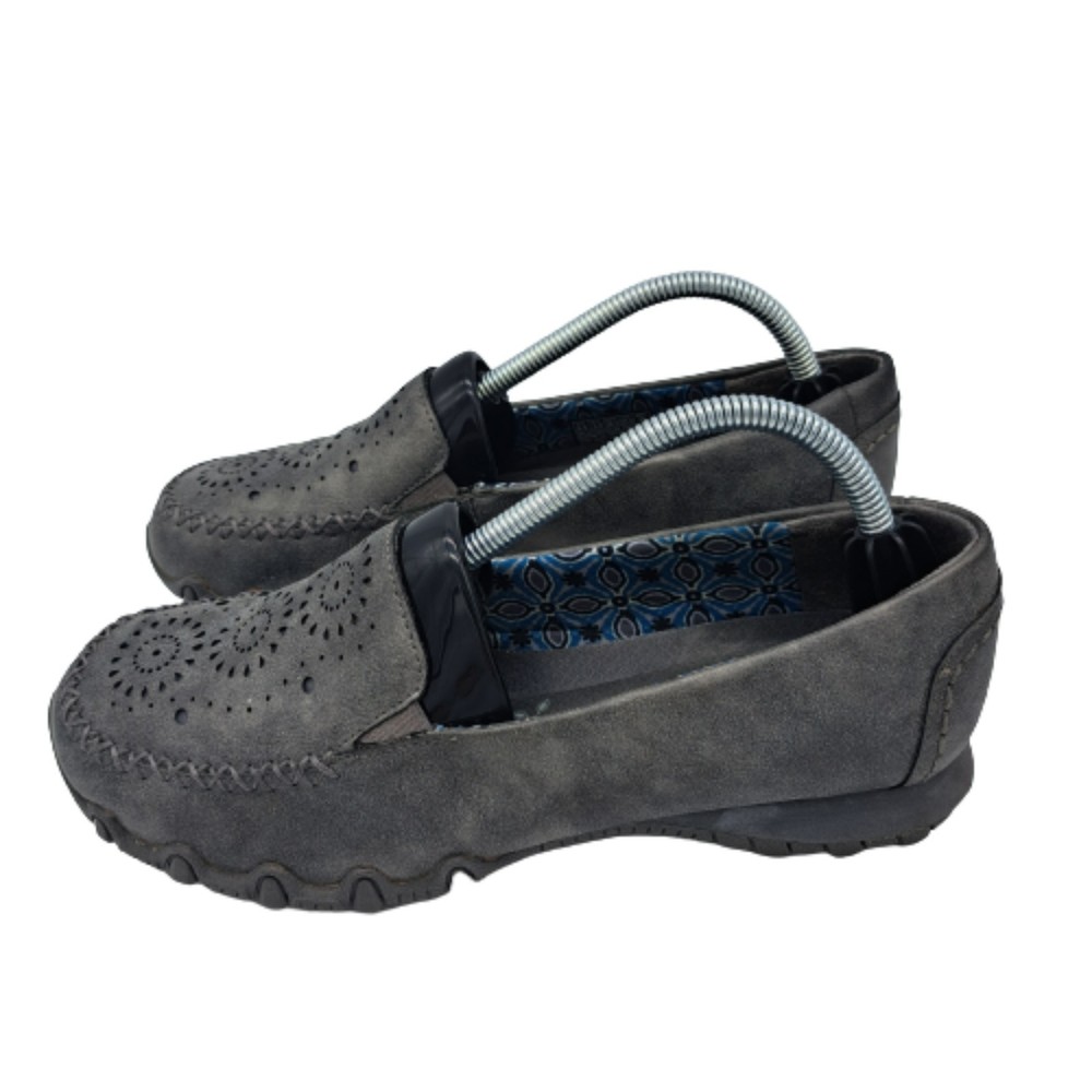 Skechers Womens Size 6.5 Bikers Expressway Flats Gray Leather Slip On Shoes EUC